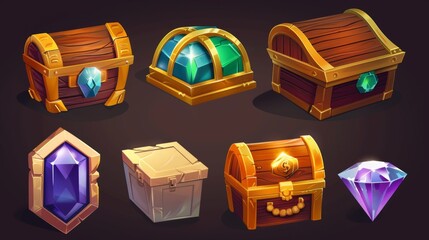 Wall Mural - UI illustration set with Egyptian chest props full of jewels and coins. Closed and open game chest with scarab icon in modern. Isolated cash money gui asset in the app store.