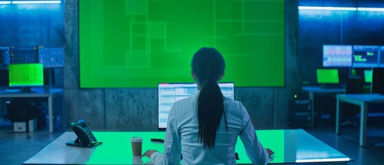 Wall Mural - Computer monitors show a green screen mock up of a female software engineer working in a modern monitoring office. Big Data Scientists and Managers sit behind computers in the monitoring room.
