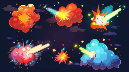 Wall Mural - Cartoon illustration set of cartoon explosion effect with fire, smoke, and sparkles. The energy of bombs and dynamite blast clouds with flame, light beams, and haze.