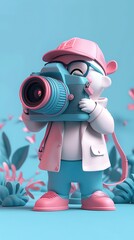 a cute photographer character depicted in motion, usage of blue and pink colors