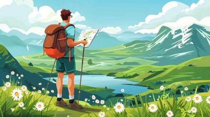Wall Mural - Young man hiking near mountain lake. Modern cartoon illustration of young man traveling with backpack and map, beautiful green valley with flowers, summer vacation, outdoor recreation activity.