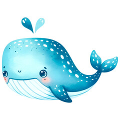 Cute whale watercolor clipart with transparent background