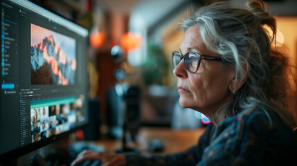 Wall Mural - senior woman with grey hair glsses smart casual outfit working on laptop