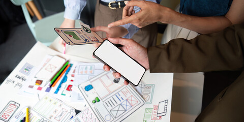 Wall Mural - brainstorm planning creative asian teamwork, group of mobile phone app developer team meeting for sh