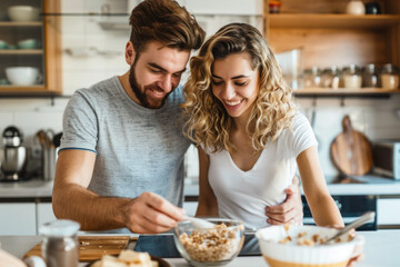 Wall Mural - Young married hipster couple having breakfast in the kitchen