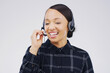 Woman, smile and headset in call center on white background with telemarketing or consultant. Customer sales, service and technology with voip for contact on internet with telemarketer in Sweden