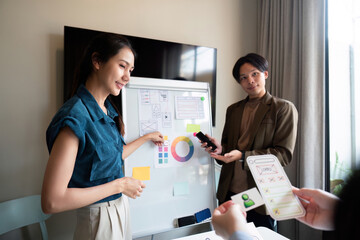 Wall Mural - ux developer and ui designer presenting mobile app interface design on whiteboard in meeting at offi