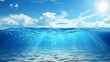 An illustration of a real life marine horizon with blue clean aqua surface, underwater depth with bubbles and sun rays, sand bottom, and clouds in the background.