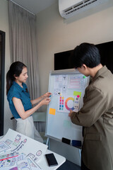 Wall Mural - ux developer and ui designer presenting mobile app interface design on whiteboard in meeting at offi