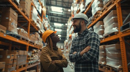 Aufkleber - Two logistics professionals in a warehouse laughing together. Generative AI.