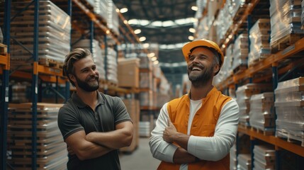 Aufkleber - Two logistics professionals in a warehouse laughing together. Generative AI.