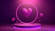 Incredibly realistic modern illustration of a minimal goods display platform with pink heart shape product podium with neon glowing circle and floating romance and love symbols on gradient