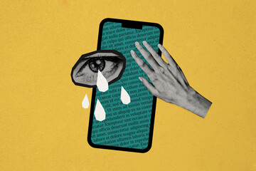 Poster - Composite photo collage of hand surf iphone device display text eye cry cyber security spy stare antivirus isolated on painted background