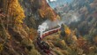 A line of vintage steam locomotives chugging along a scenic railway route,surrounded by lush forests and towering mountains