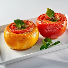 Wall Mural - Two Yemista Stuffed Tomatoes elegantly presented on a pristine white plate