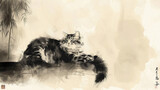 Fototapeta Londyn - japanese ink illustration painting of a cat
