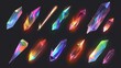 Realistic modern illustration set of polychrome rainbow diamond flare light elements with overlay effect. The texture is iridescent and iridescent with sparkles and streaks. Hologram refraction.