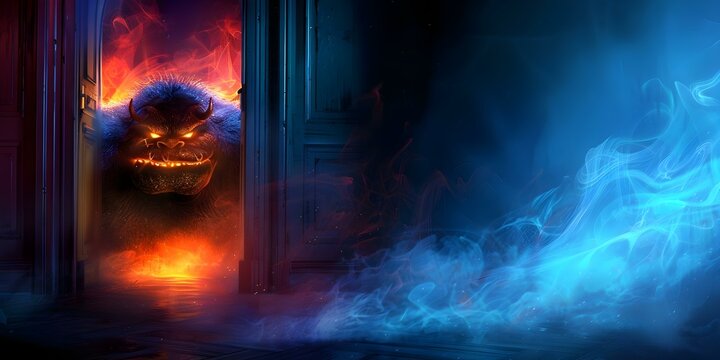 Illustration of a spooky ogre with glowing eyes behind an open door. Concept Horror Illustration, Spooky Ogre, Glowing Eyes, Open Door, Fantasy Art