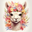 Alpaca in flowers watercolor illustration. Cute ilama with wild flowers and herbs, card