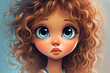 Cute girl with big doll eyes and curly hair. Portrait of beautiful child illustration