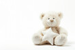 Pastel beige background with teddy bear. Template with soft toy and copy space. Children's themed banner