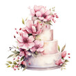 Wedding multi-tiered cake decorated with flowers watercolor illustration. Festive flower cake isolated on white background