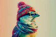 Stylish bird in colorful hat and scarf with sunglasses