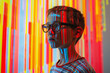 Young boy with glasses illuminated by colorful glitch lights