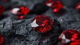 Fototapeta  - A pile of red gemstones on a dark stone surface.