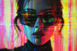 Stylish woman with digital glitch effect in vibrant colors