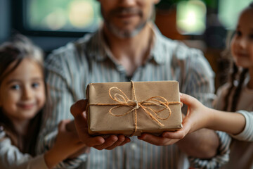 Man holding brown box with a ribbon tied around it. Father's day concept. Generative AI.