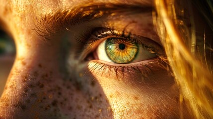 Wall Mural - A close up of a woman's eye with freckles and green eyes, AI