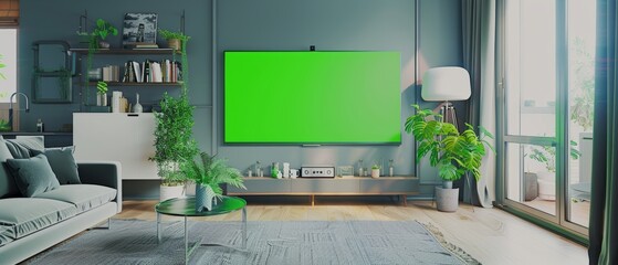 Poster - Modern living room with green screen display and a smart television set. Horizontal mock-up. Mockup of a home theatre concept.