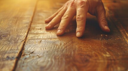 Wall Mural - A person's hand on a wooden table with the fingers spread, AI