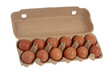Boîte de douze œufs de poule ouverte sur fond blanc