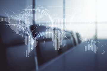 Wall Mural - double exposure of abstract digital world map hologram with connections on a modern meeting room bac