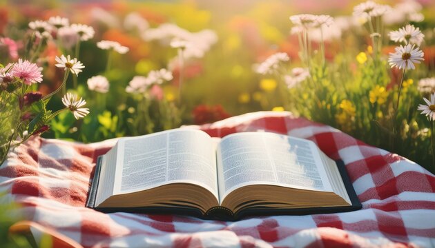 The Open Bible on a picnic blanket in a sunny meadow with wildflowers.