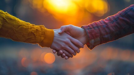 Wall Mural - Two people are shaking hands in front of a blurred background, AI