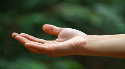 Wall Mural - A close up of a person's hand reaching out to touch something, AI