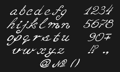 Set of handwritten small English letters, numbers and punctuation marks. White squiggles on a black background. Collection of vector images