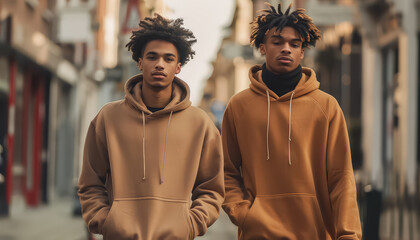 two young men wearing hoodies walk down a city street