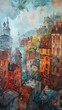 Produce an oil painting that portrays a panoramic city view in a surrealistic style Incorporate unexpected angles to showcase familiar urban settings in a new light Enhance the exp