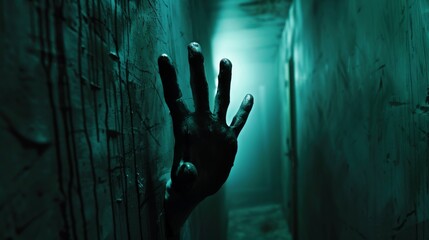 Wall Mural - A hand is sticking out of a wall in the dark, AI