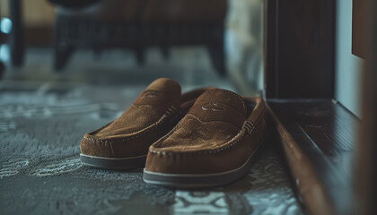 Wall Mural - A pair of brown slippers are sitting on a tile floor