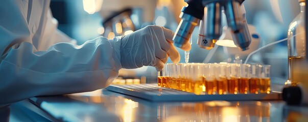 closeup of a scientists hand holding a pipette while adding reagent to a test tube in a pharmaceutic