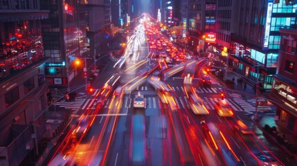 Aufkleber - A bustling city intersection at dusk, cars streaking by with vibrant lights