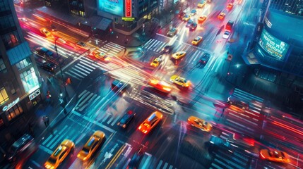 Aufkleber - A bustling city intersection at dusk, cars streaking by with vibrant lights
