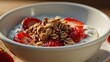 Yogurt with granola and strawberries in a bowl on wooden