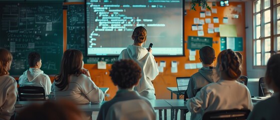 Canvas Print - An IT expert gives a Computer Science lecture to a diverse group of female and male students in a college classroom. Projection of a slideshow with programming codes. Explanation of information