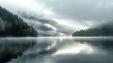 Fototapeta  - Tranquil Norwegian forest lake with misty clouds mirrored in serene water. Concept Nature Photography, Tranquil Landscapes, Norwegian Forest, Misty Clouds, Serene Water Reflections